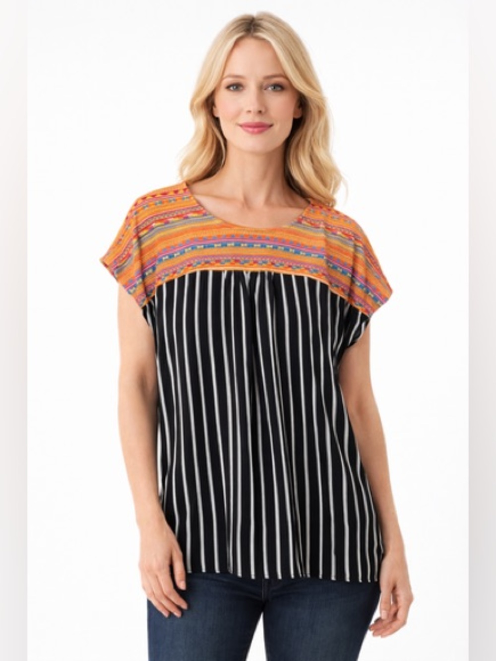 Savanna Jane Embroidered Black/White Stripe Mustard Boho Blouse EUC 1X / 2X